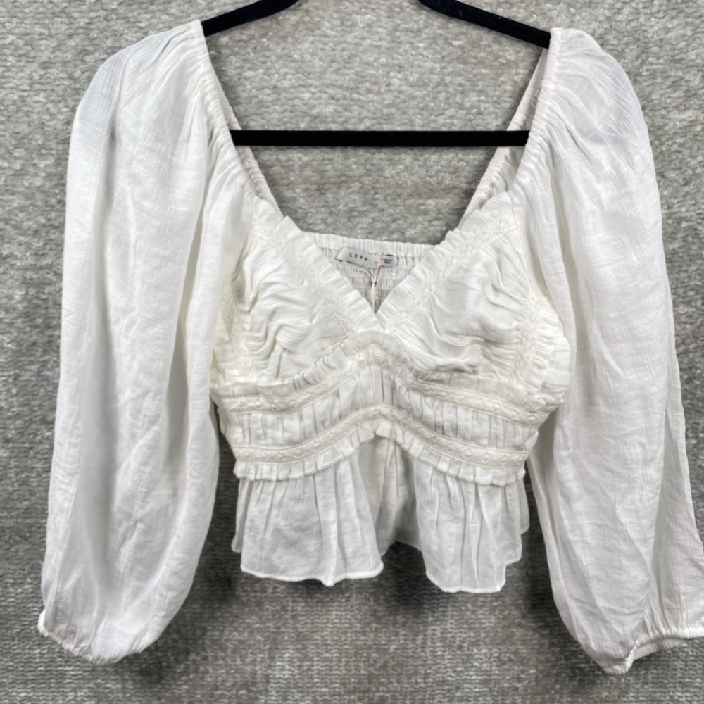 Lush Off White Long Sleeve Smocked Back Peplum Crop Top Small NEW Boho Flowy‎